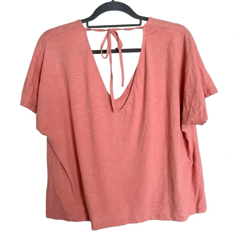Boden V Neck Coral Short Sleeve Tie Back Boxy Slub Tee Shirt size 14 - Picture 5 of 7